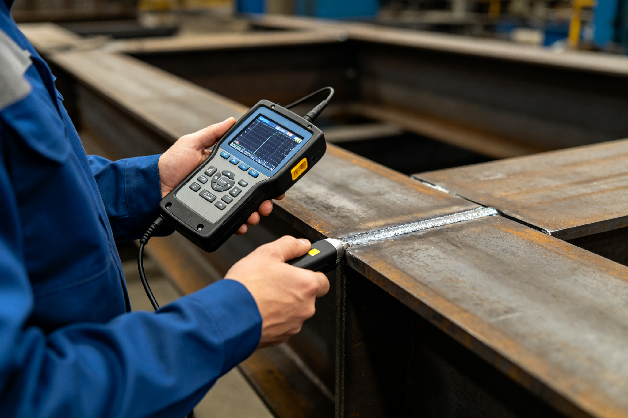 NDT technician using ultrasonic testing equipment on steel weld
