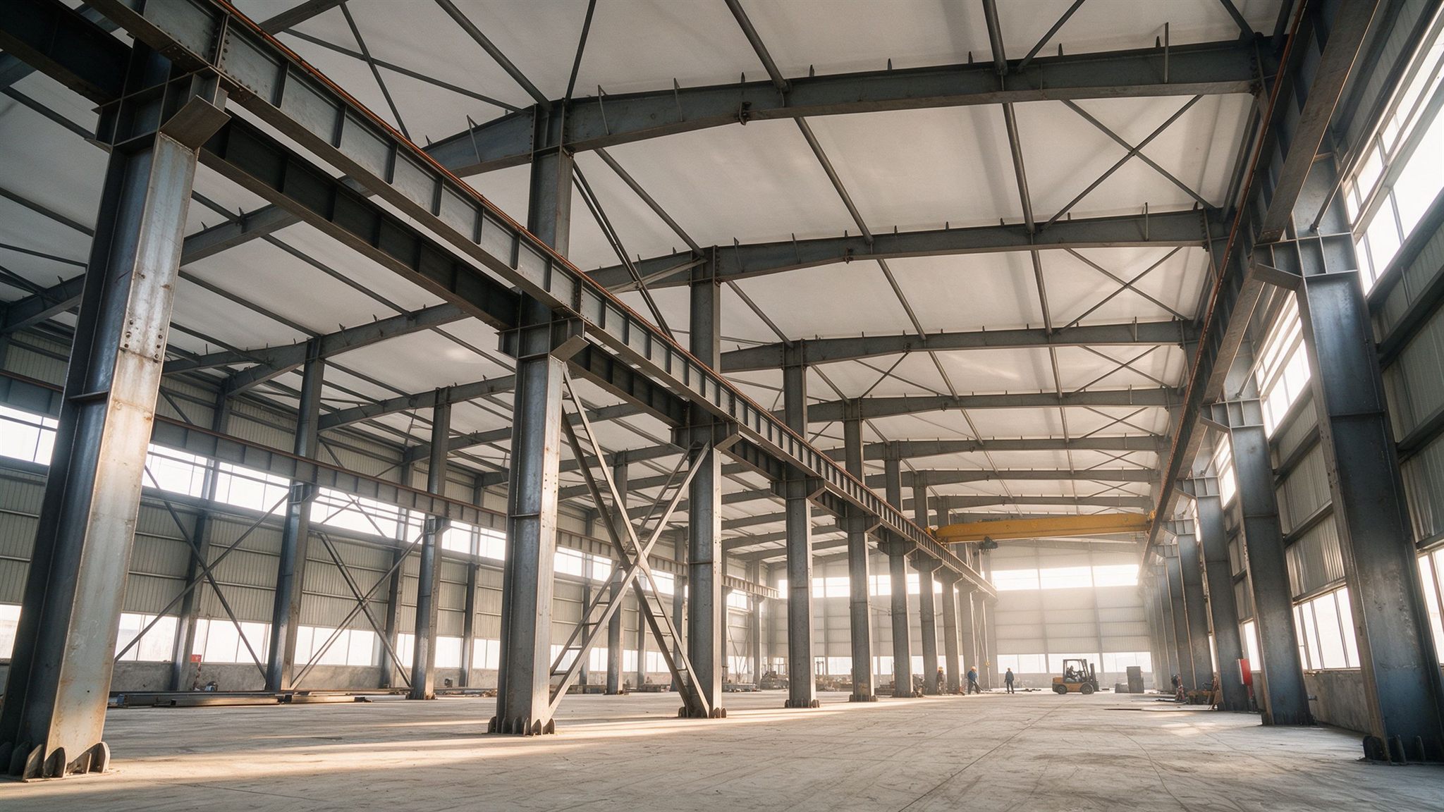 Large industrial workshop interior with truss roof and column-free production space