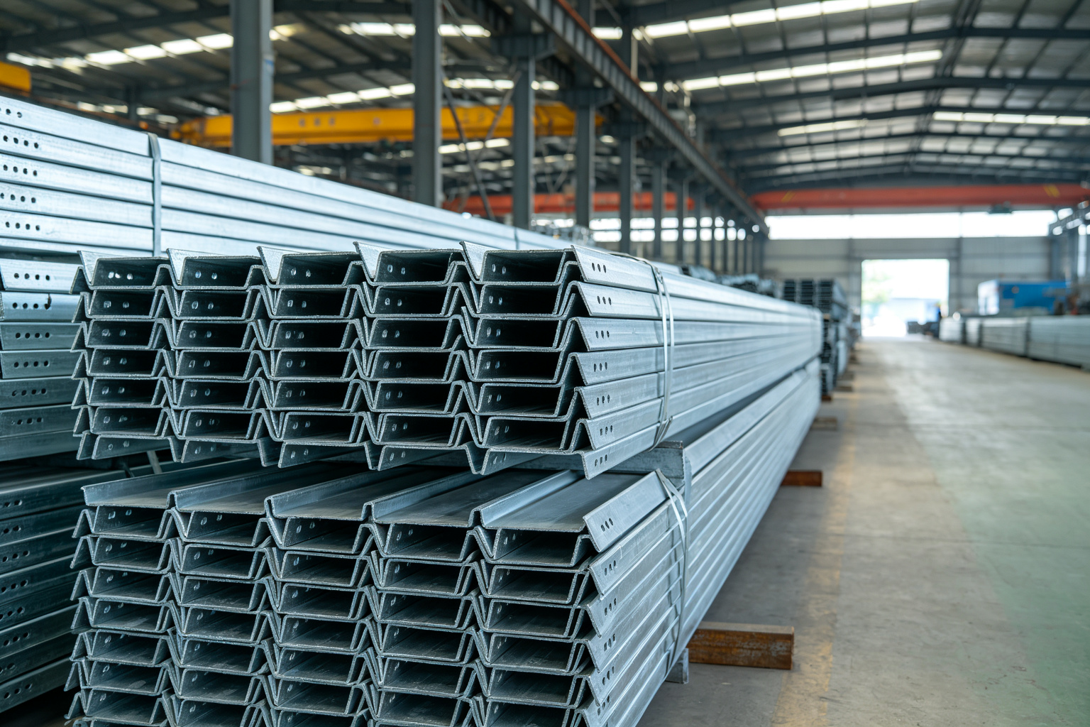 Stacked C and Z shaped steel purlins in factory