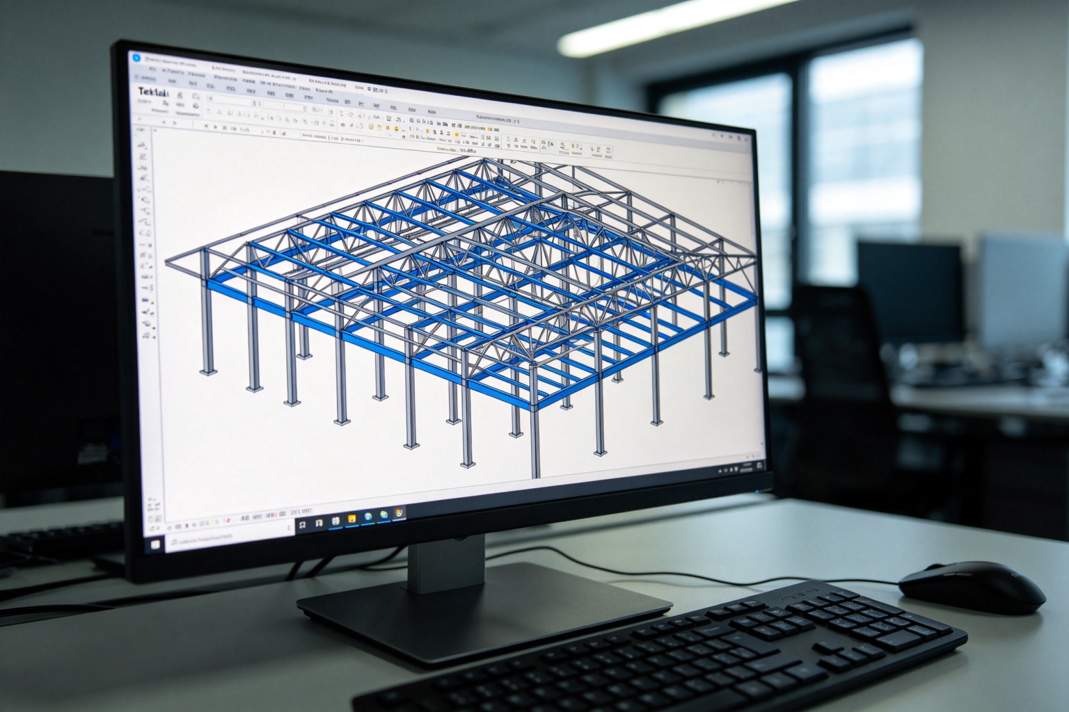Tekla 3D structural model showing beam, column and truss joint relationships
