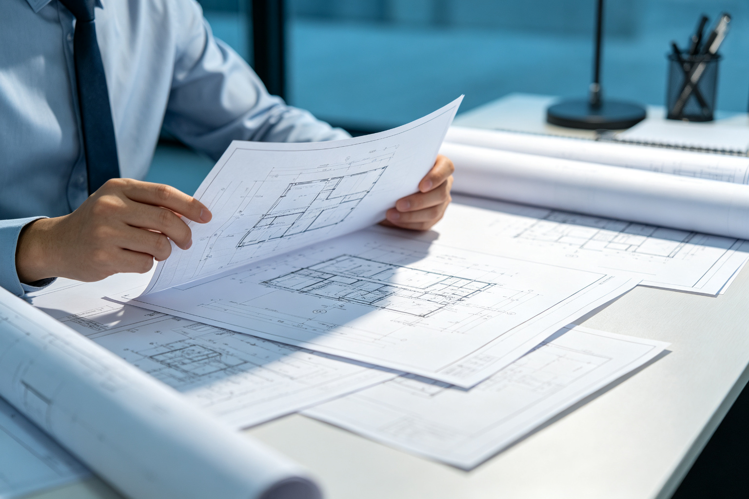 Engineer reviewing erection drawings and assembly information for site positioning, connection and erection