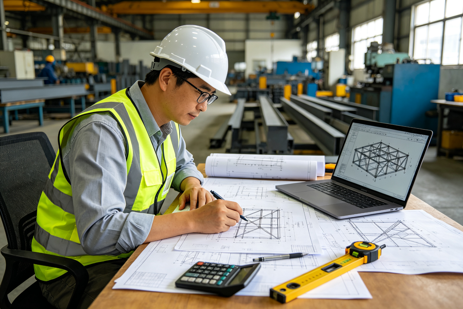 Engineers checking project drawings and fabrication information in the workshop