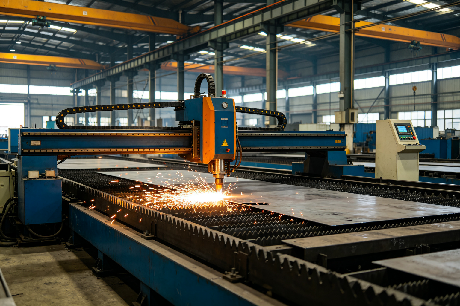 Gantry CNC cutting equipment zoned along the fabrication process flow