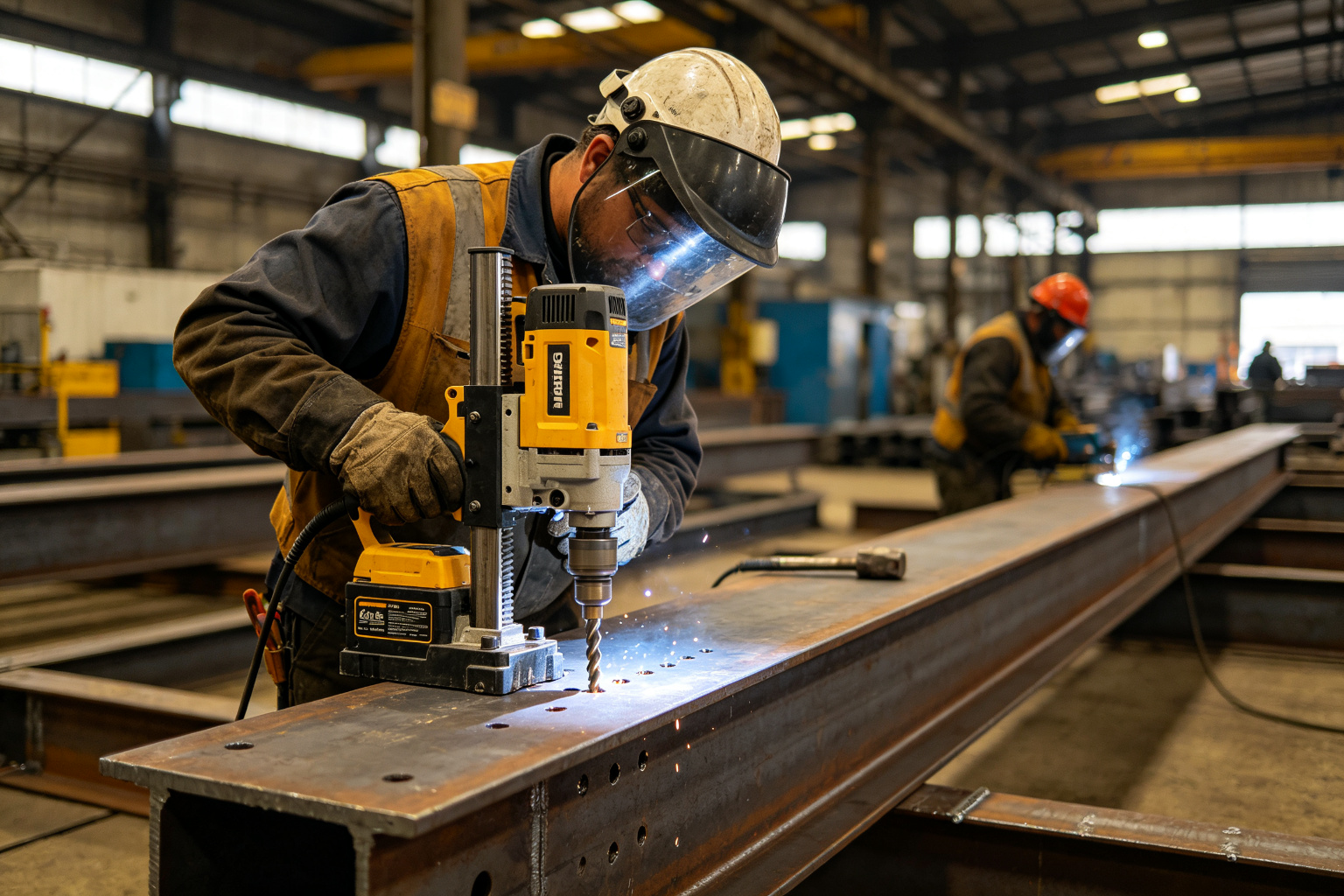 Worker magnetic-drilling a steel member at a workstation with working clearance