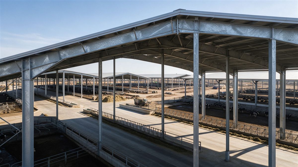 Aerial view of large open-sided steel cattle barns