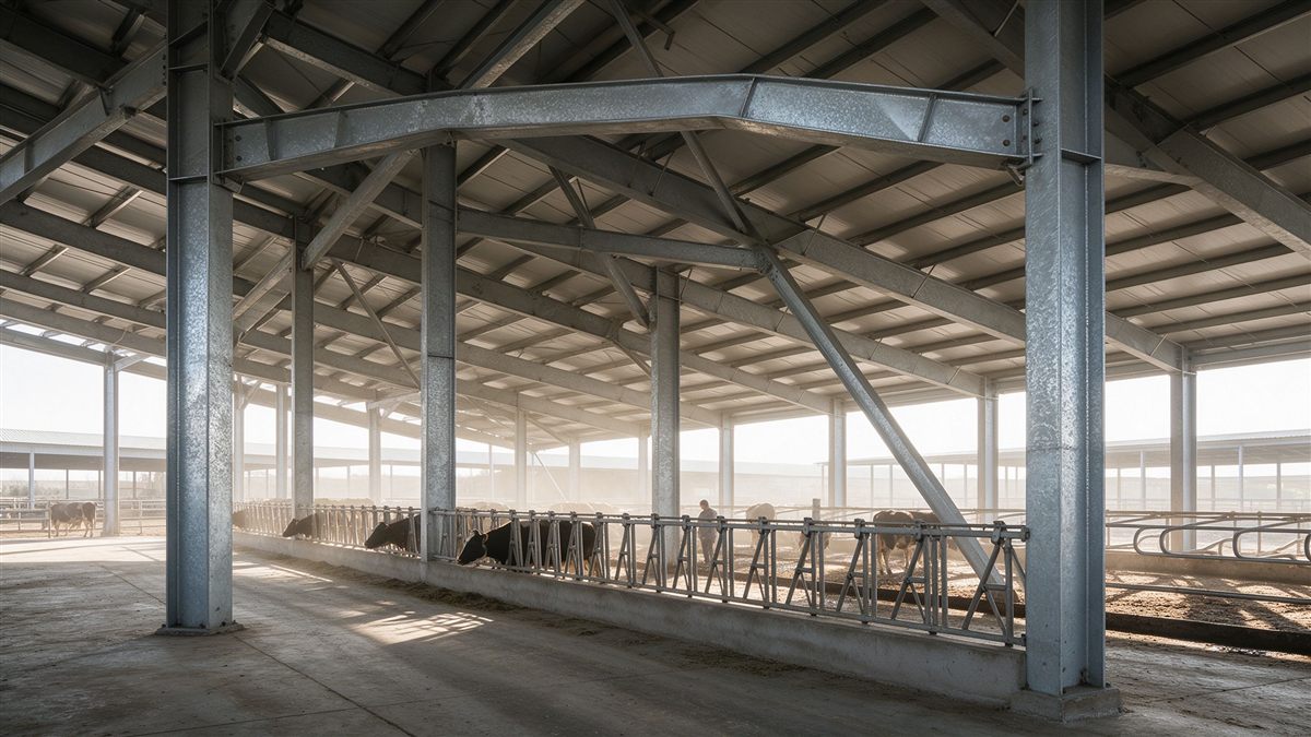 Open cattle barn interior with headlocks and feed alley