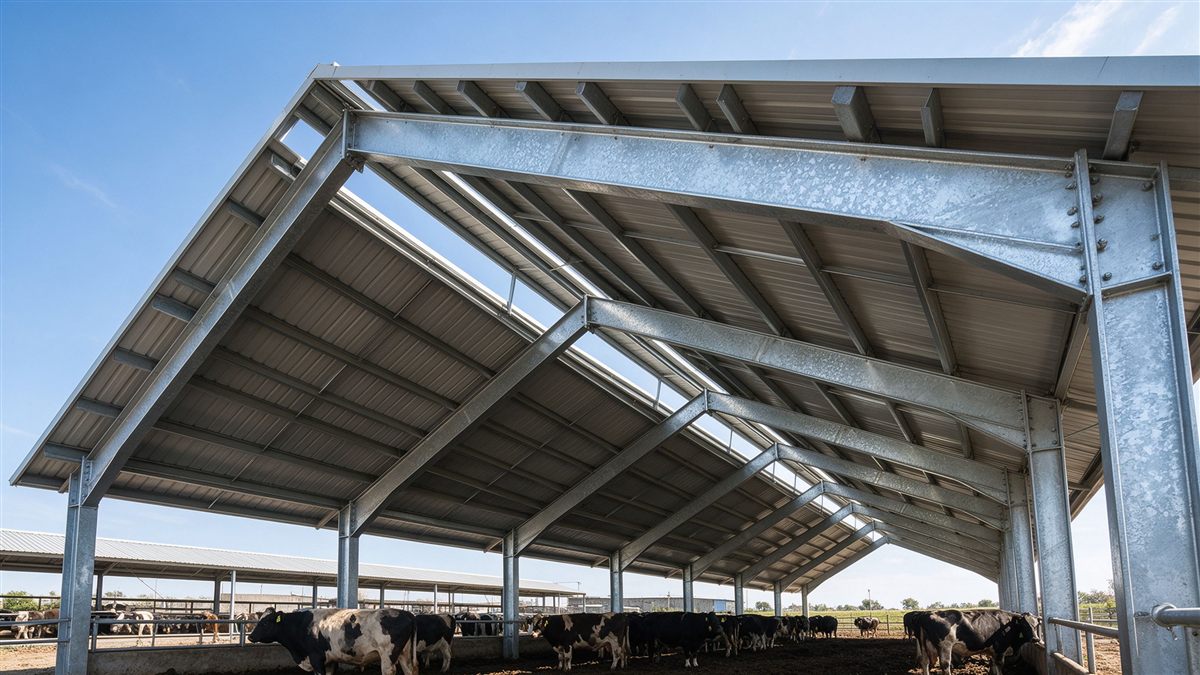 Cattle barn ridge vent and overhanging eave