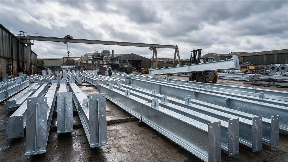 Hot-dip galvanized steel members stacked in a yard