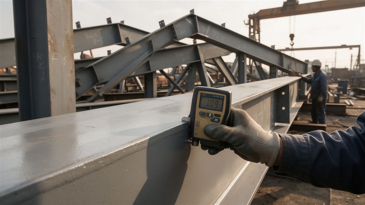 Dry-film thickness gauge on a coated steel beam