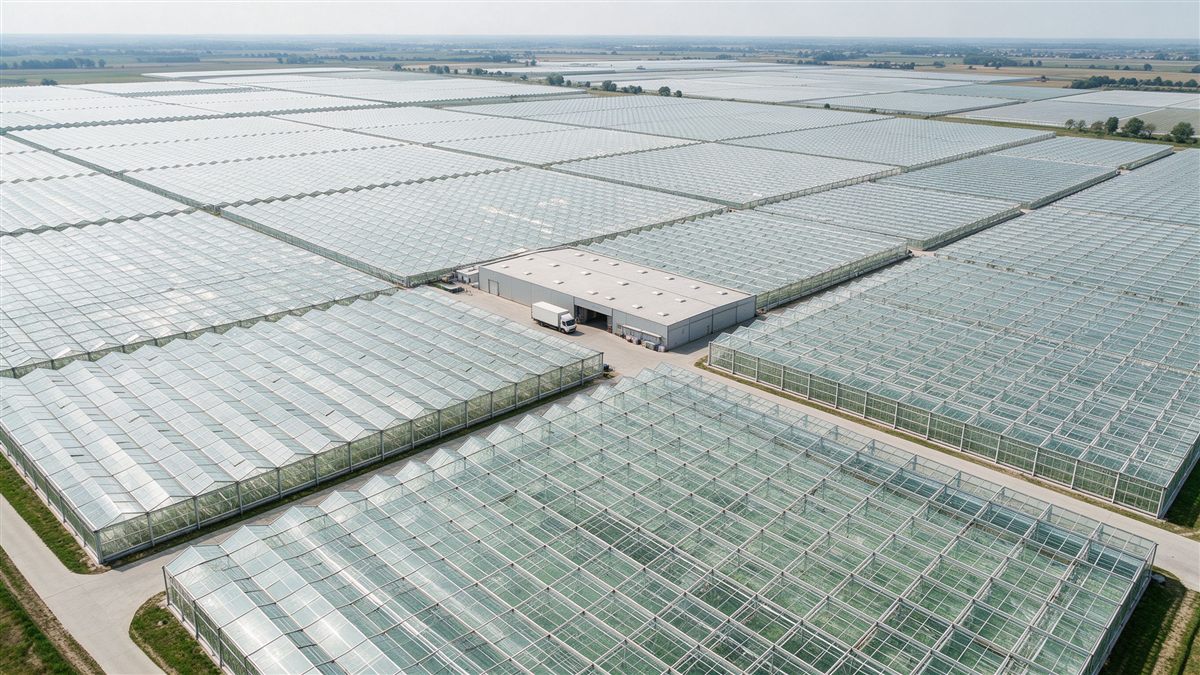 Aerial view of a multi-span greenhouse complex