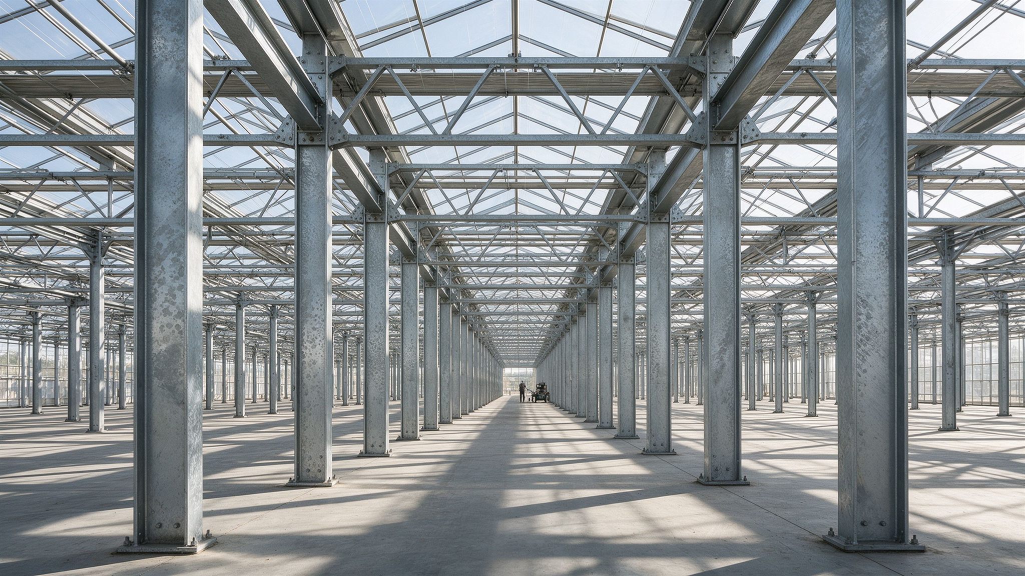 Heavy hot-dip galvanized columns and roof trusses inside a wide-span greenhouse