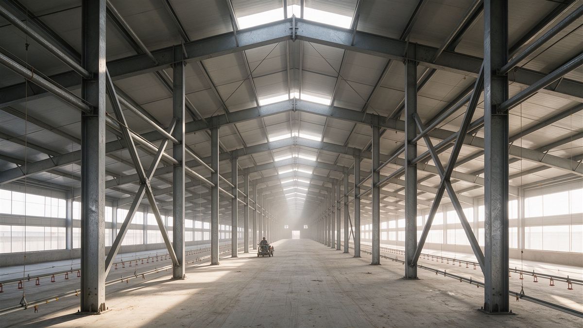 Column-free poultry house interior with automated feeding lines