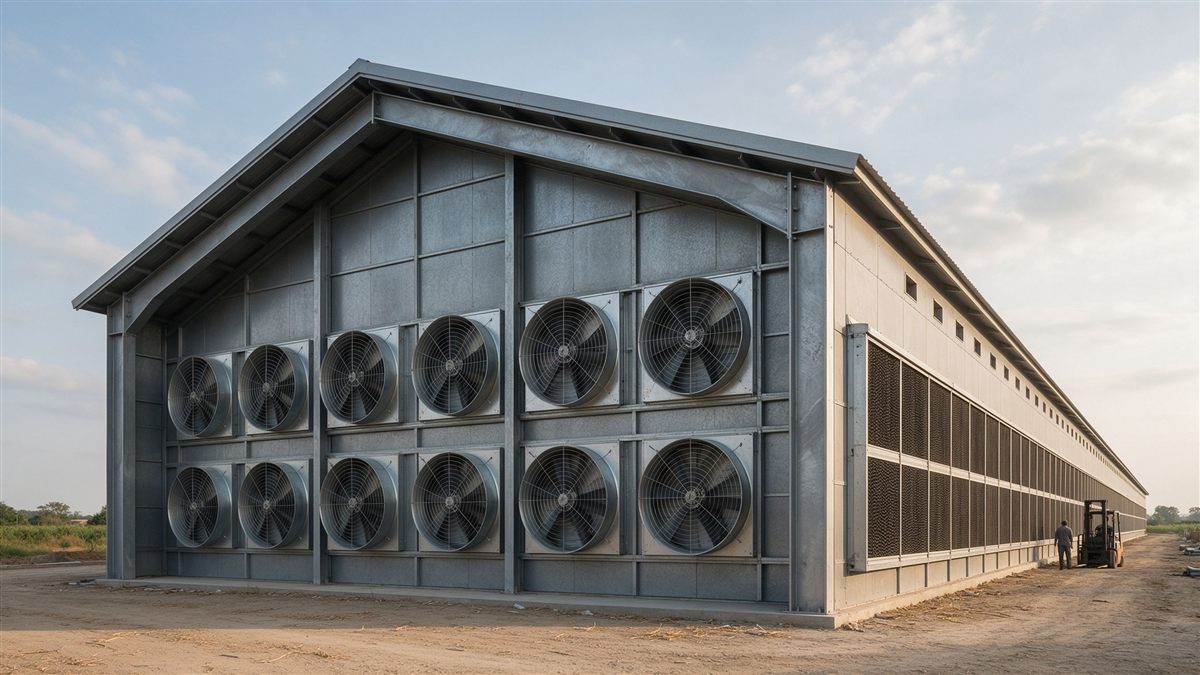 Tunnel ventilation fans and cooling pads on a poultry house