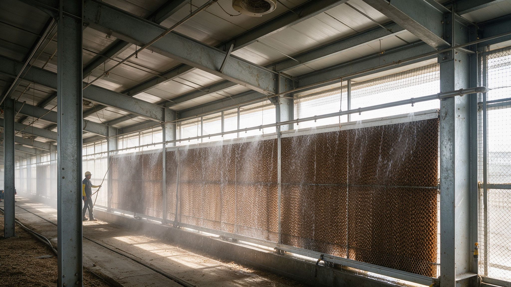 Evaporative cooling pad along the side wall inside a steel poultry house