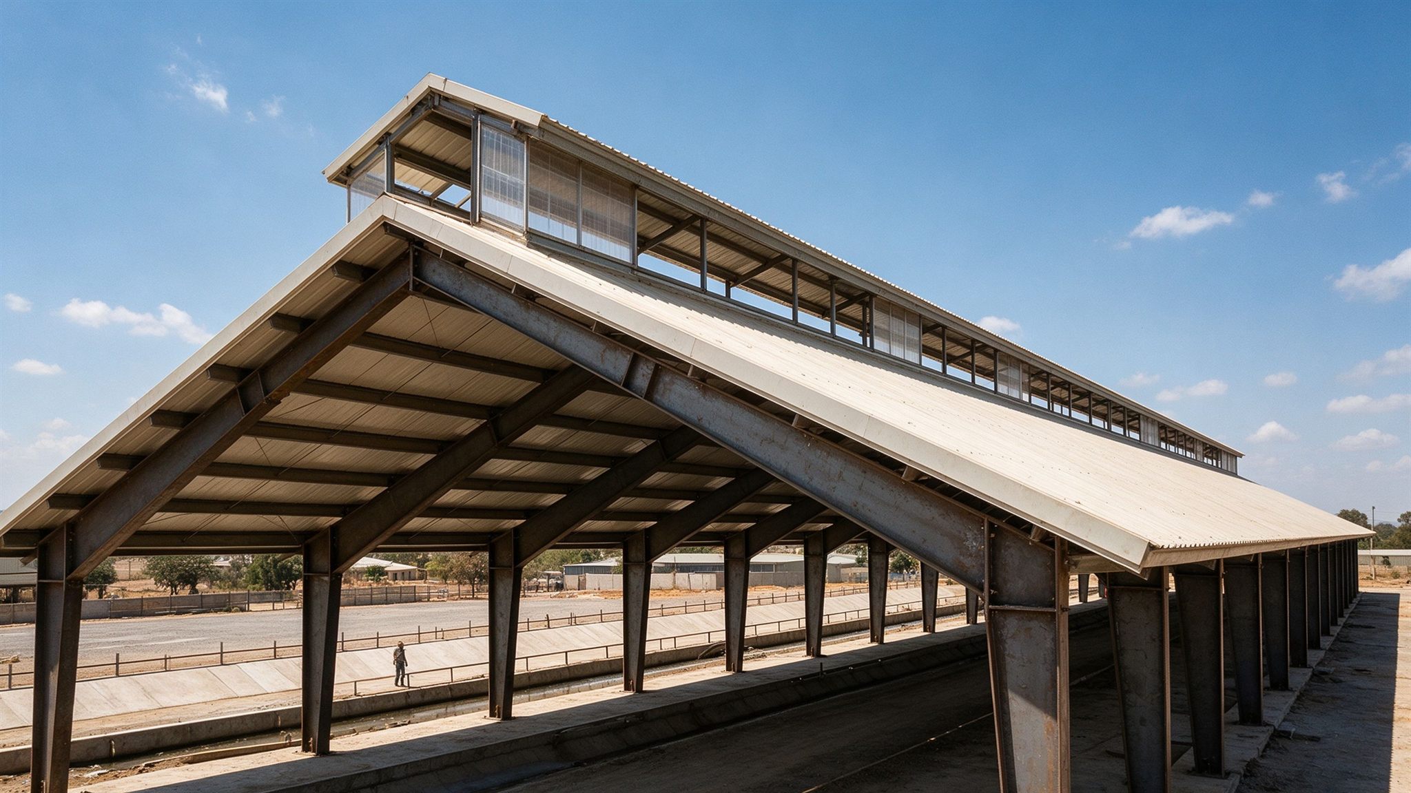 Long-span steel barn with a continuous open ridge monitor vent and wide eaves