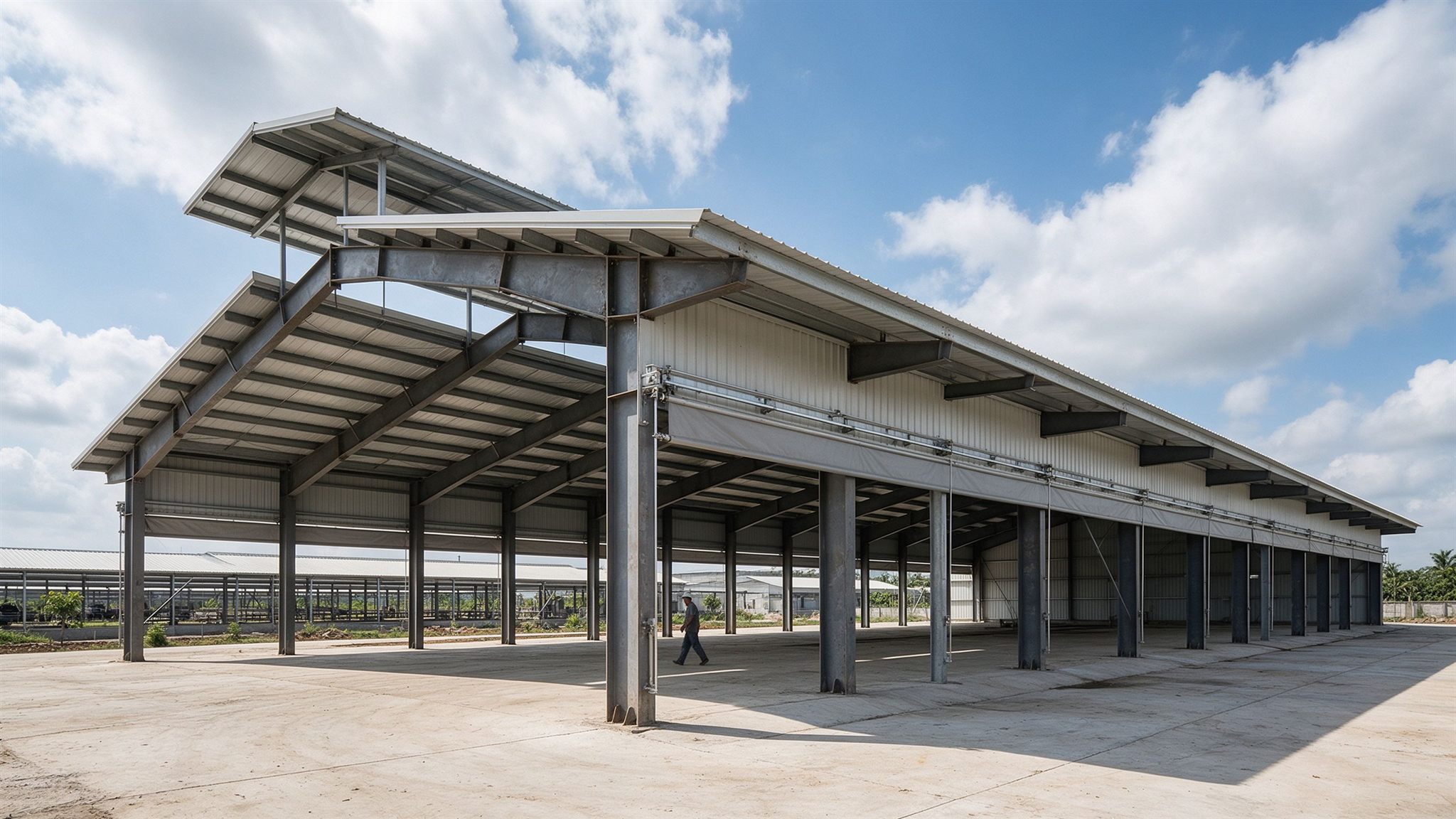 Open-sided steel livestock barn with rolled-up side curtains for natural ventilation