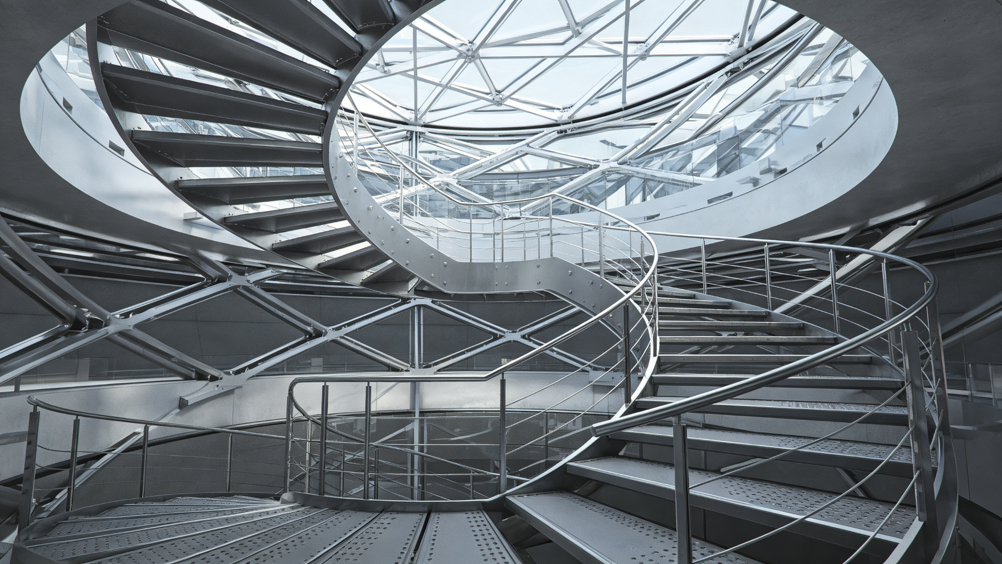 Concept visualization of special and custom steel structure with spiral staircase and irregular forms
