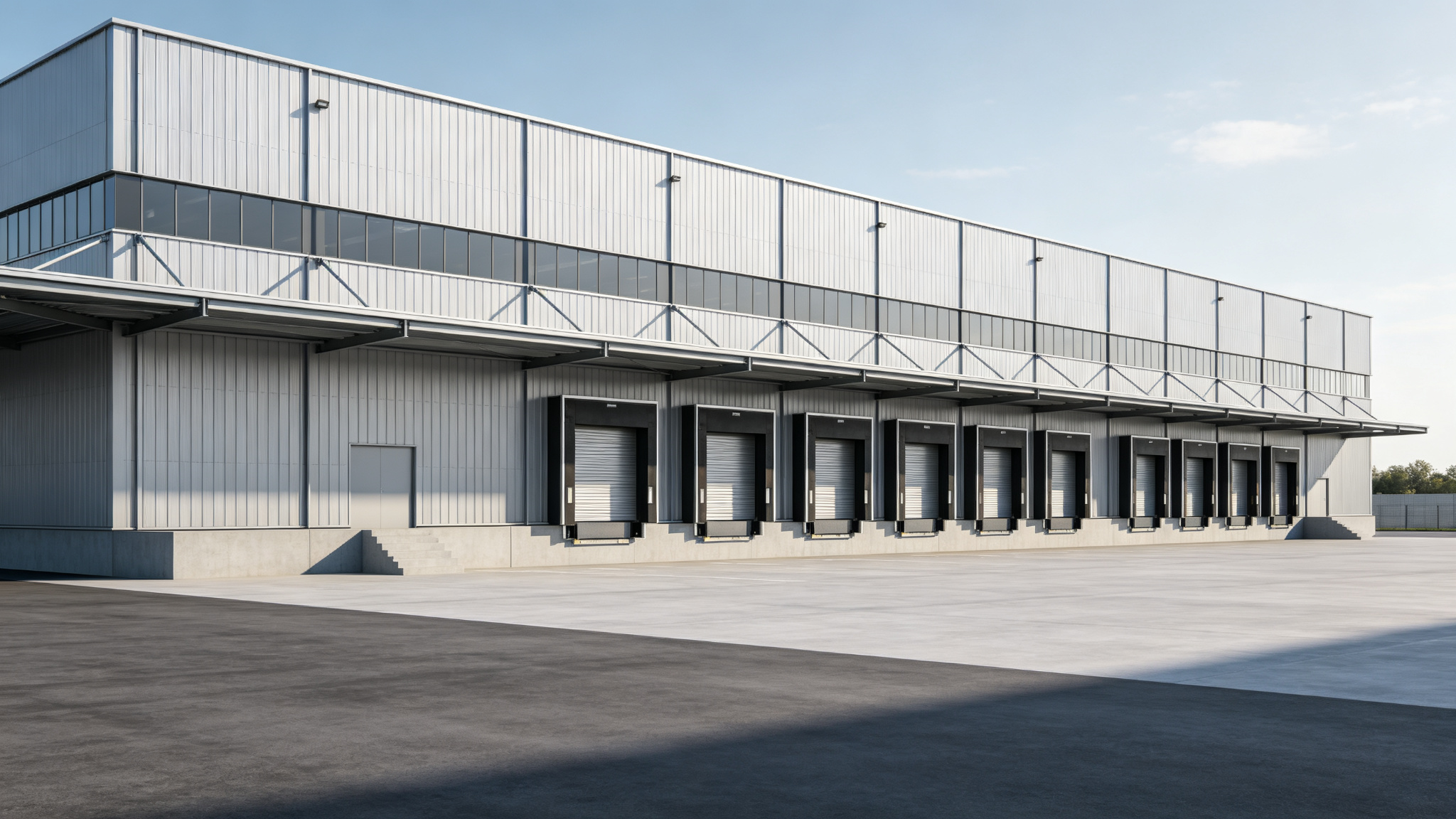 Concept visualization of a modern steel warehouse and logistics building