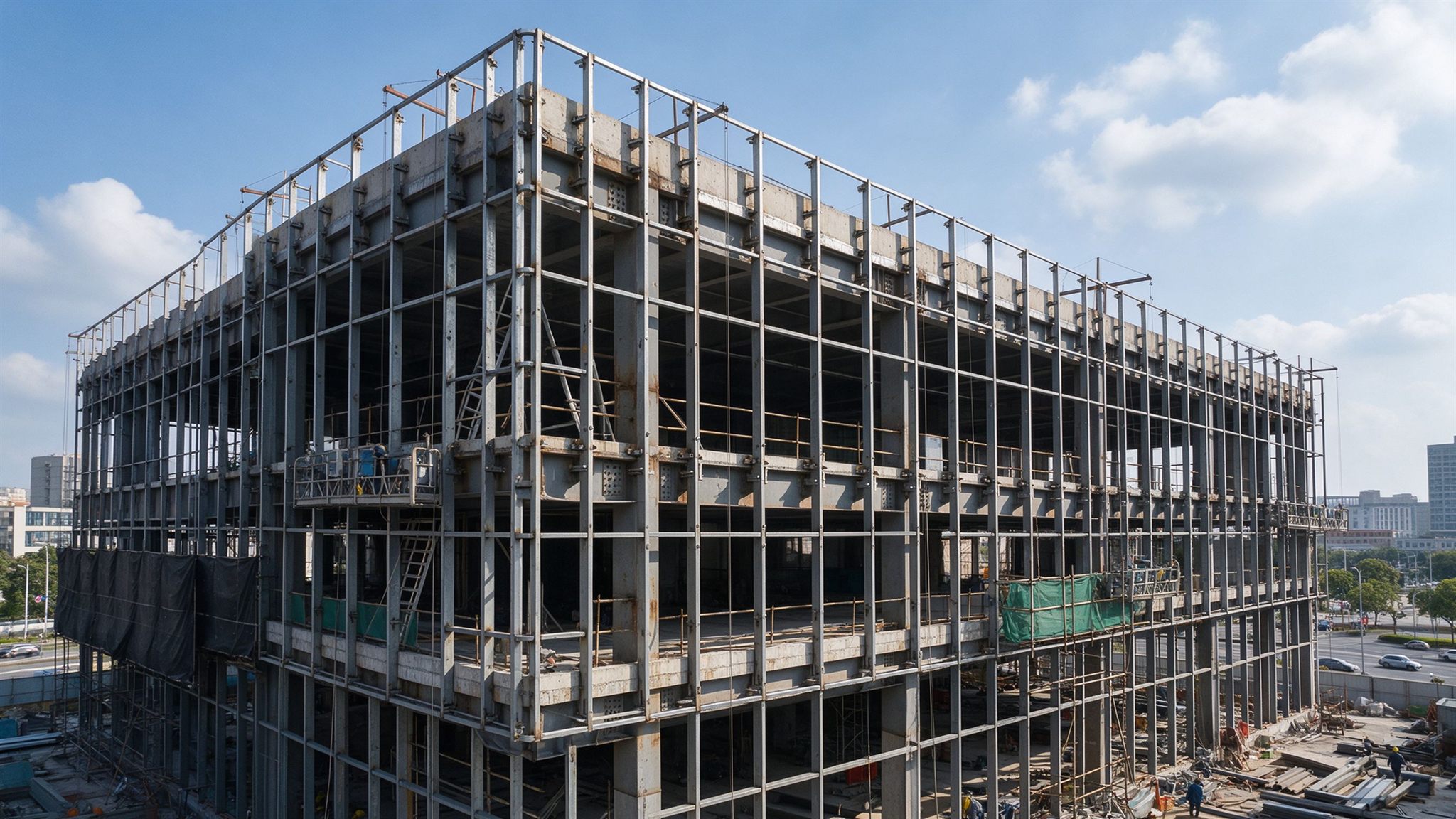 Curtain wall support steel framing under construction