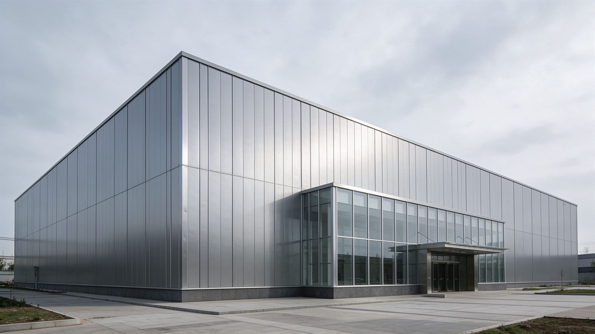Finished metal cladding and glass curtain wall facade