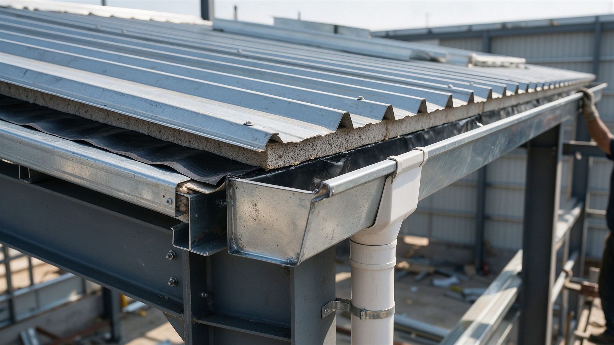 Roof insulation, waterproofing and eave gutter drainage detail