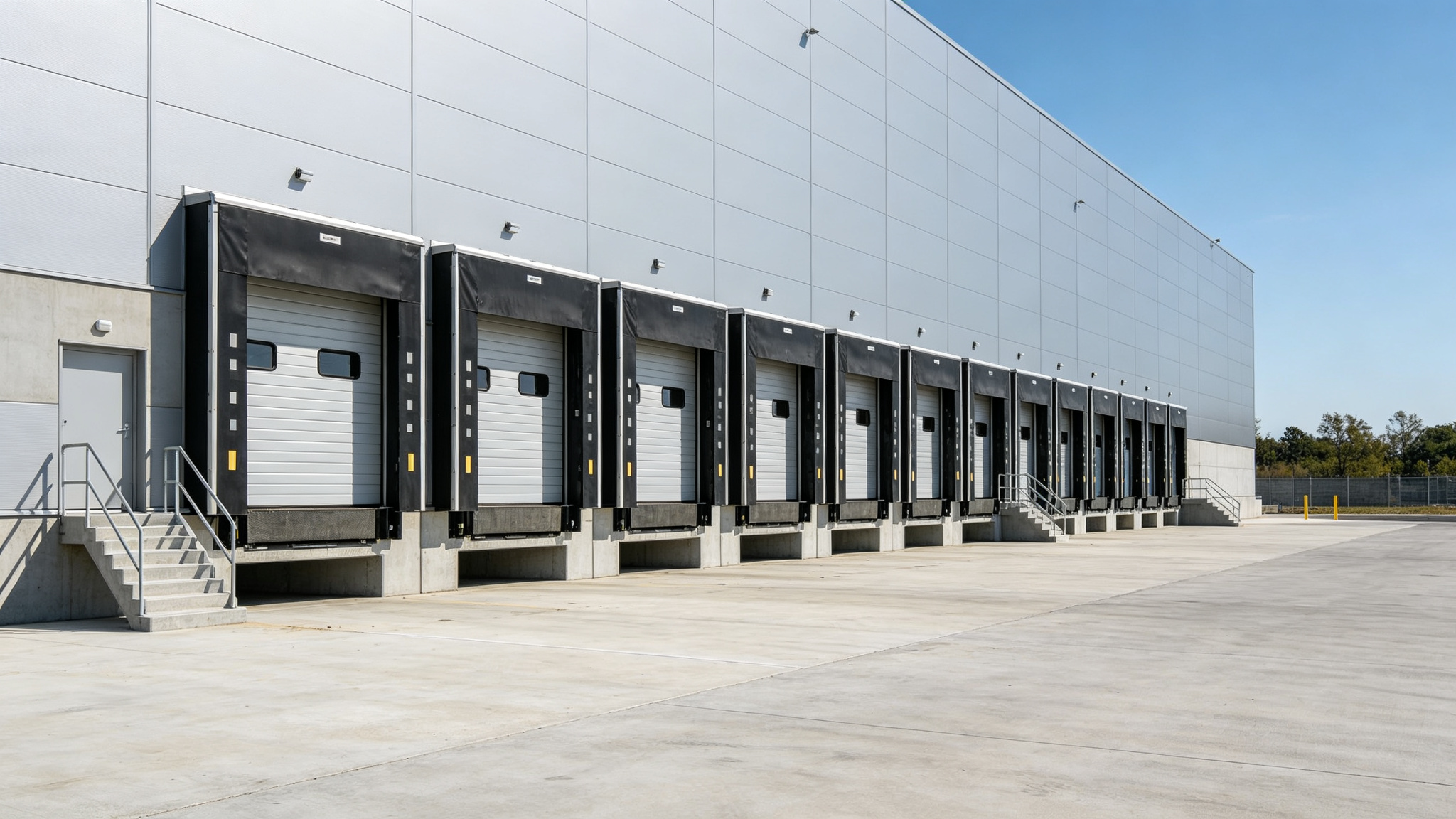 Modern logistics warehouse with multiple loading docks, overhead doors and dock levelers for distribution center operations