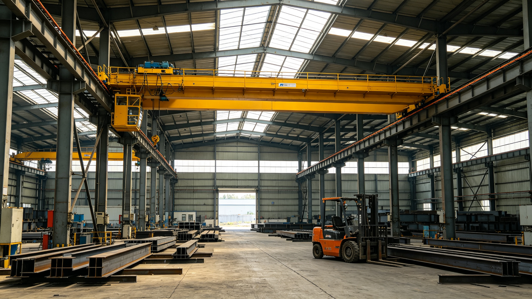 Interior of a steel warehouse with a yellow double-girder overhead crane on runway girders mounted to column corbels