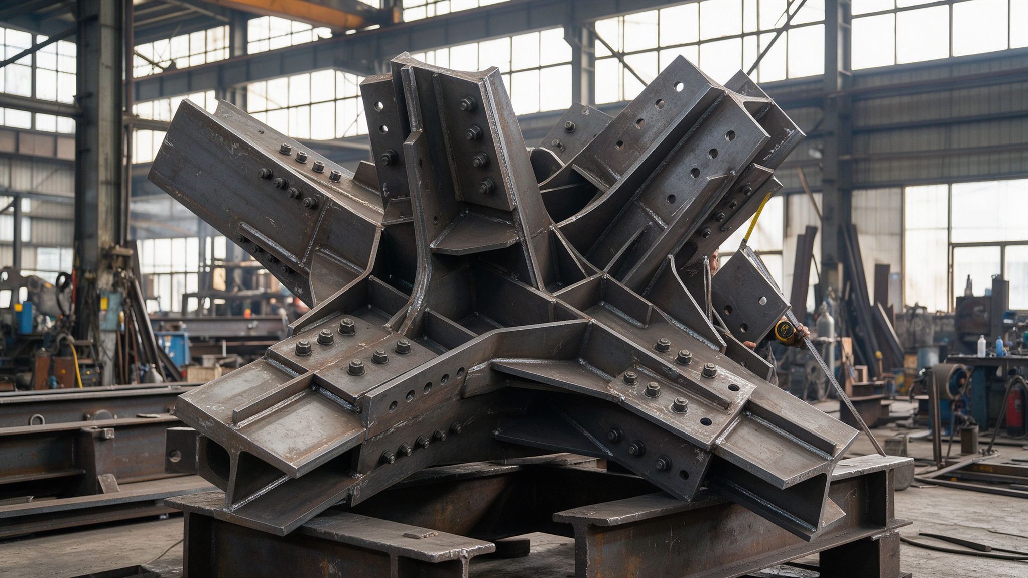 Heavy multi-branch welded steel node and custom bracket with stiffeners and bolts