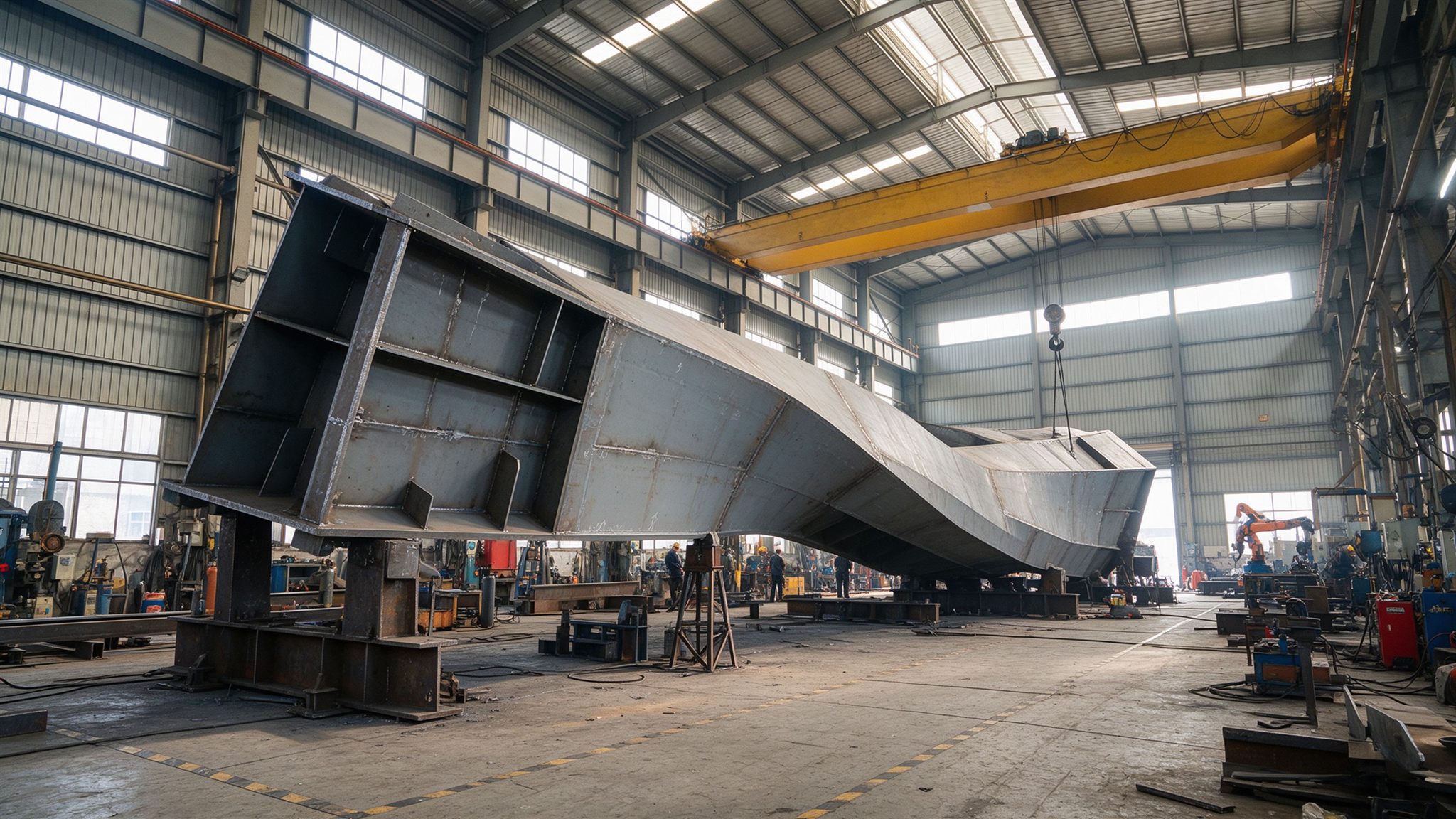 Large irregular double-curved steel member assembled on jigs in a heavy fabrication bay