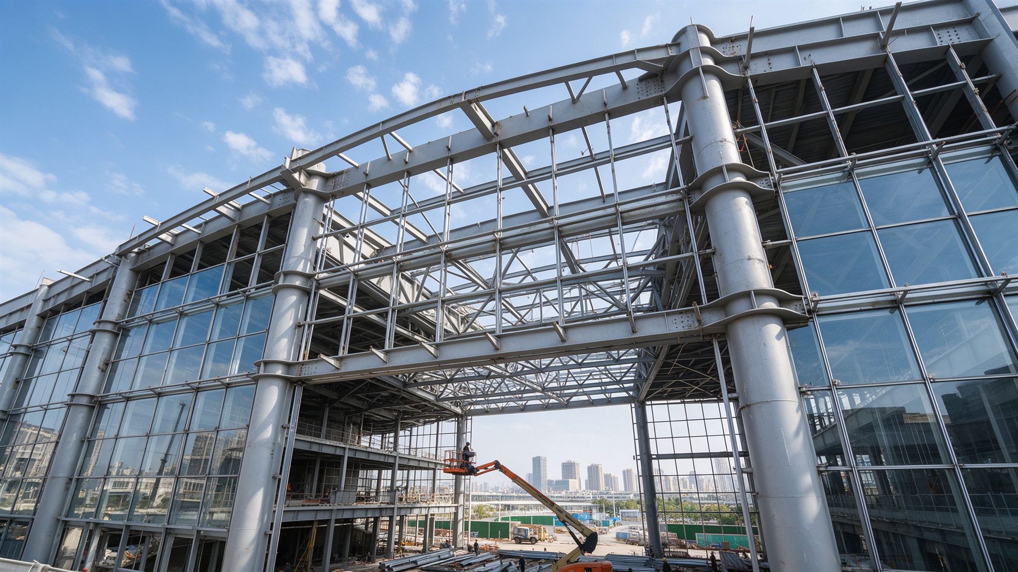 Long-span steel support framing for a large public building facade and curtain wall