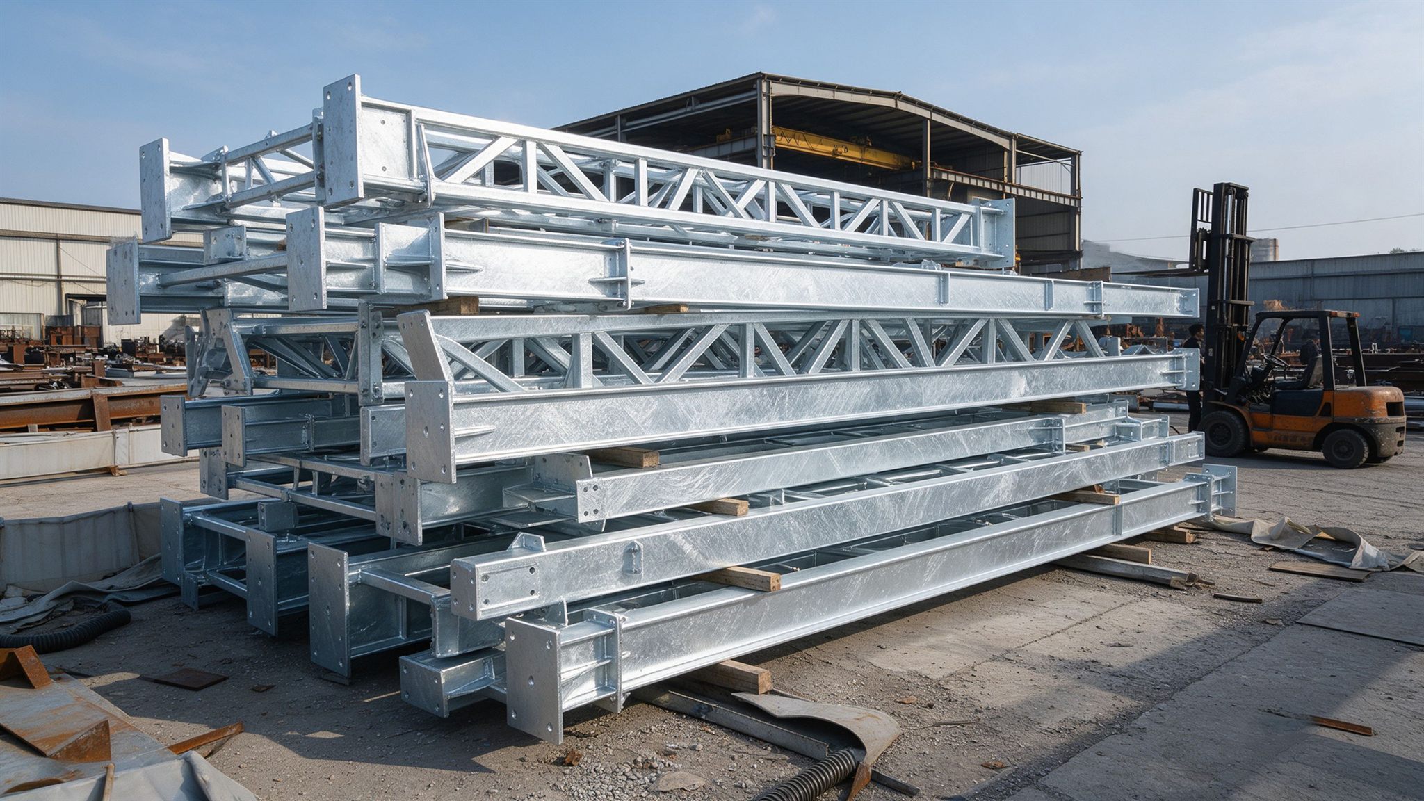Hot-dip galvanized heavy steel support frame members stacked in a fabrication yard