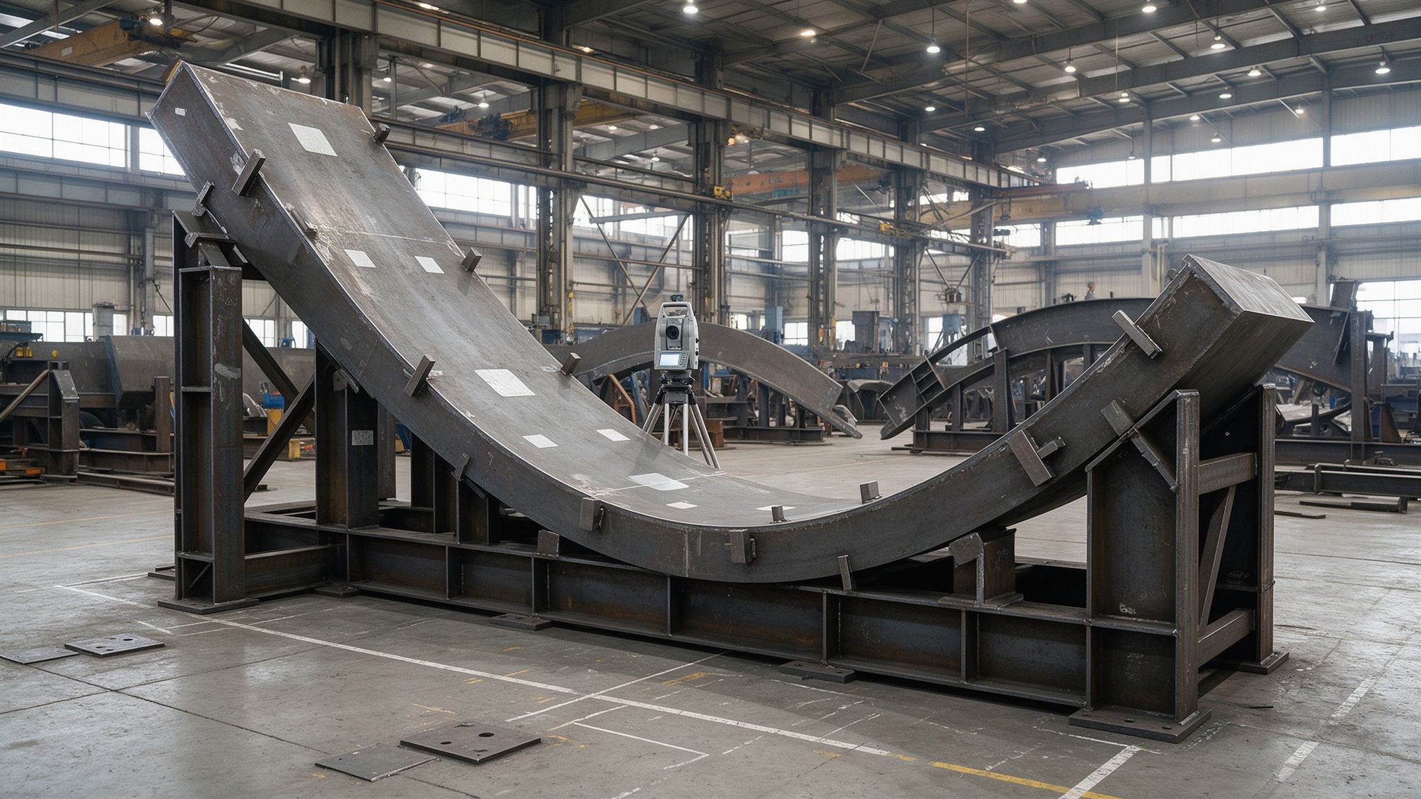 Curved twisted steel member positioned on a purpose-built jig for geometry control