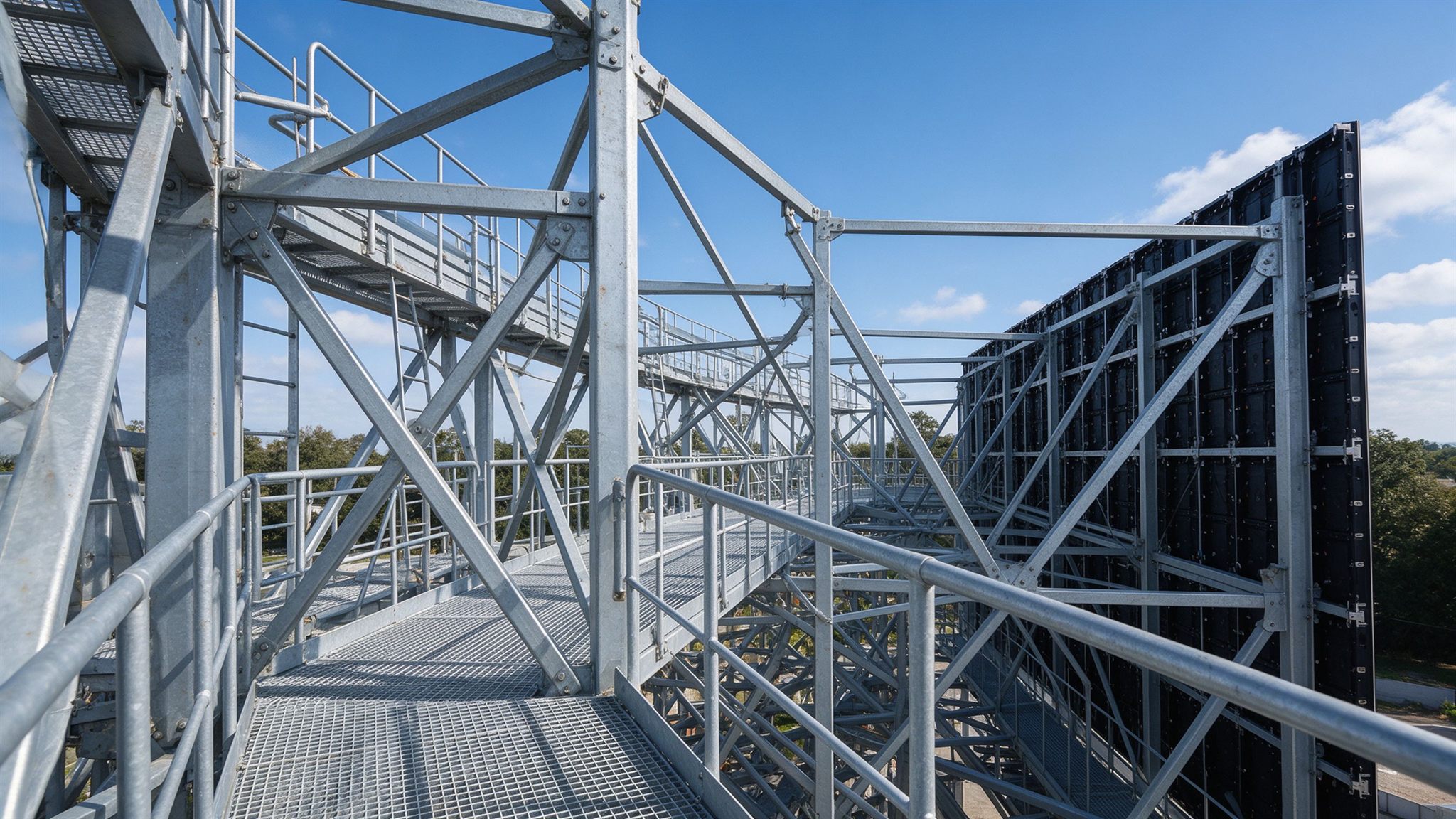 Maintenance catwalks, railings and ladders integrated into the load-bearing frame behind an LED screen