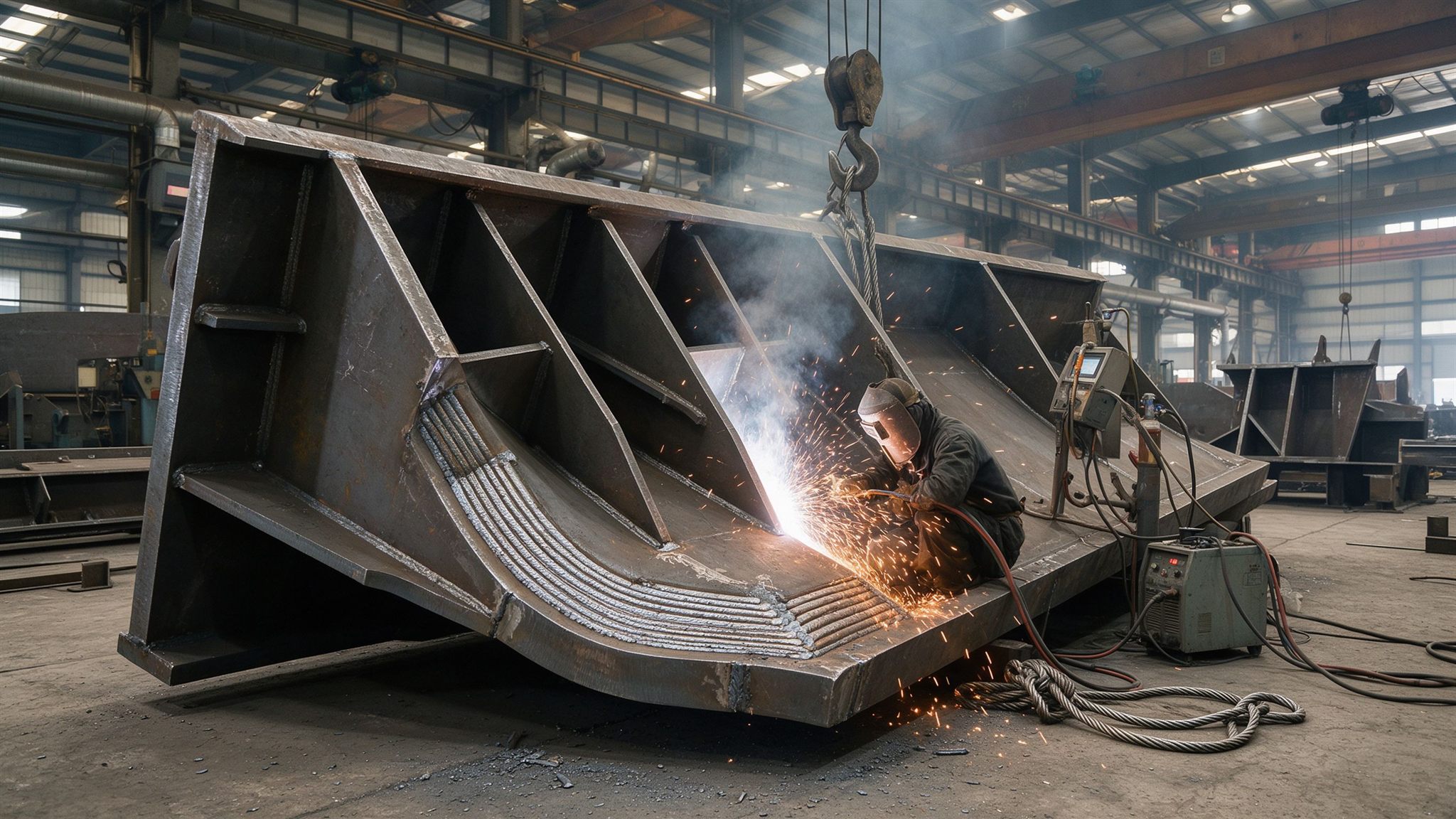 Welder performing multi-pass groove welding on a thick-plate special steel node