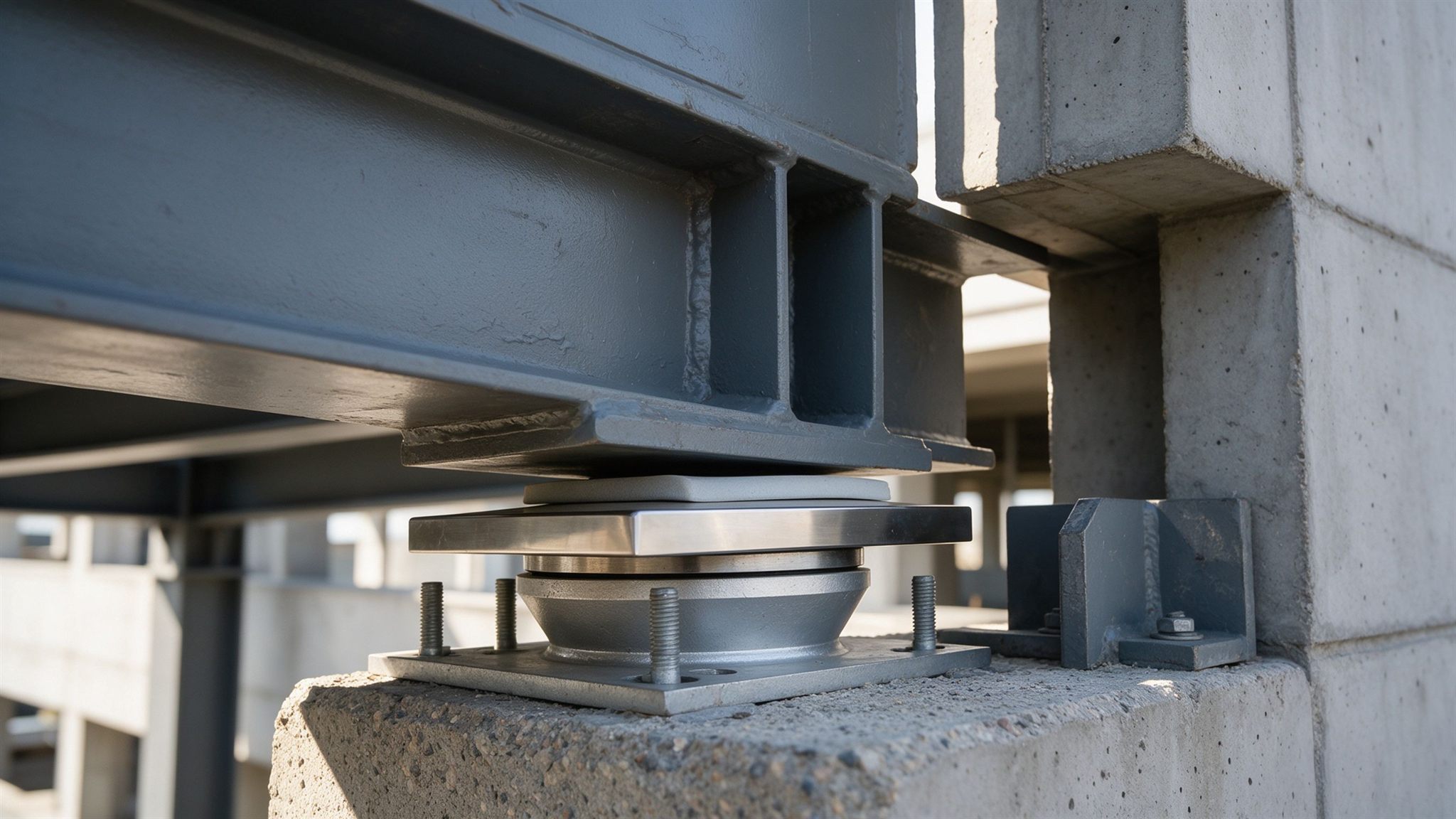 Expansion joint and sliding bearing at the end of a steel skybridge