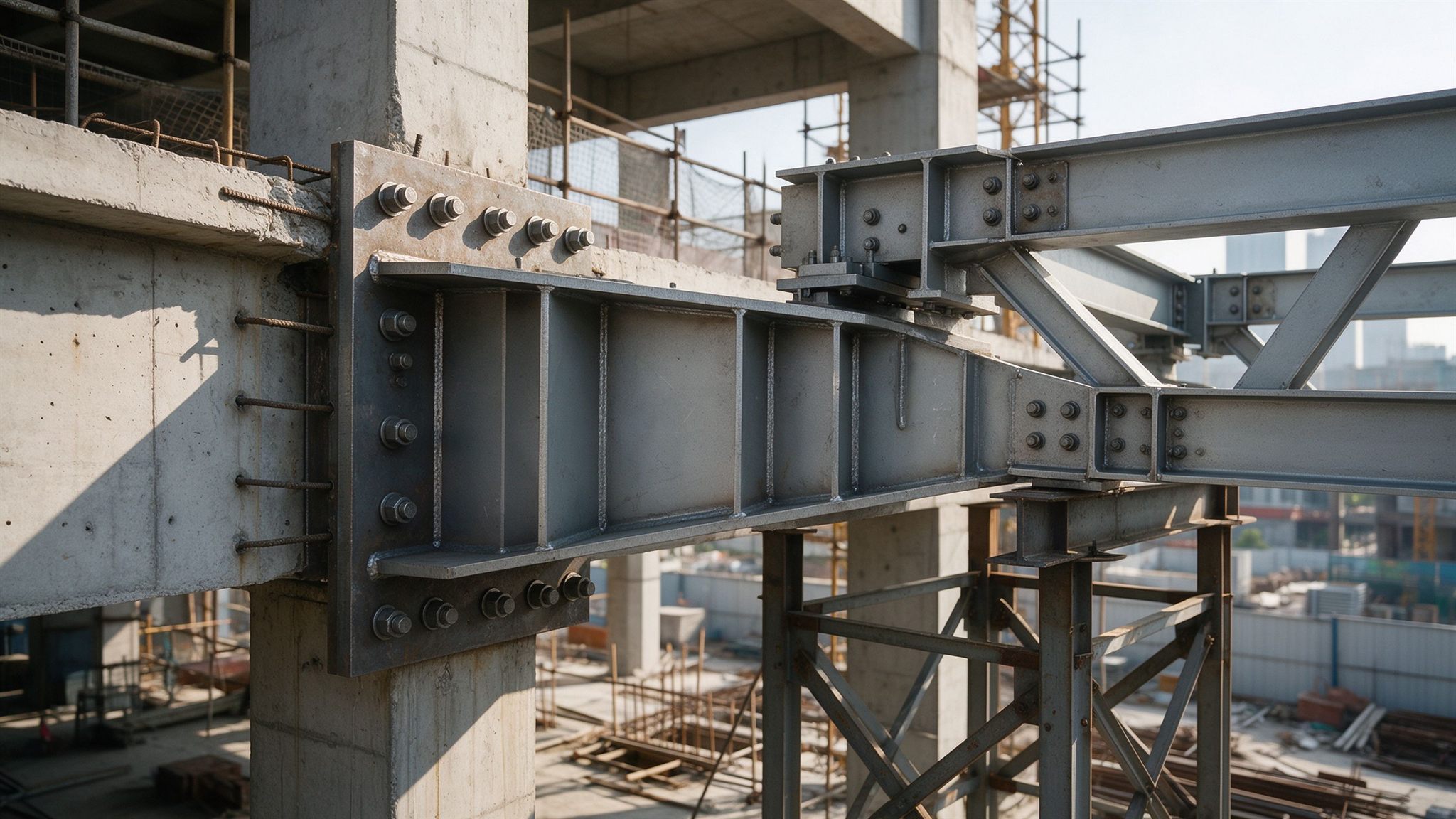 Heavy steel corbel and bolted interface between skybridge and host building