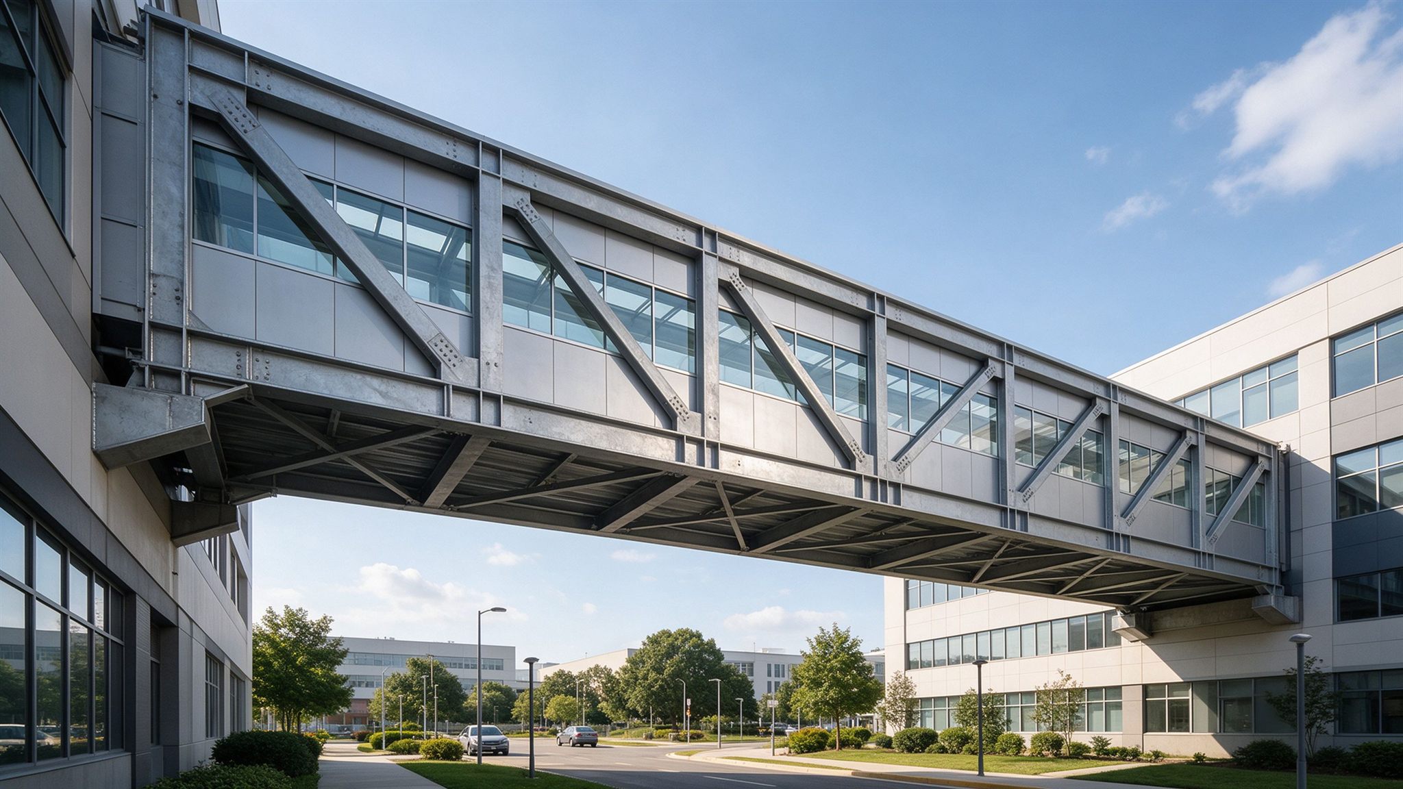Large enclosed steel skybridge connecting two buildings