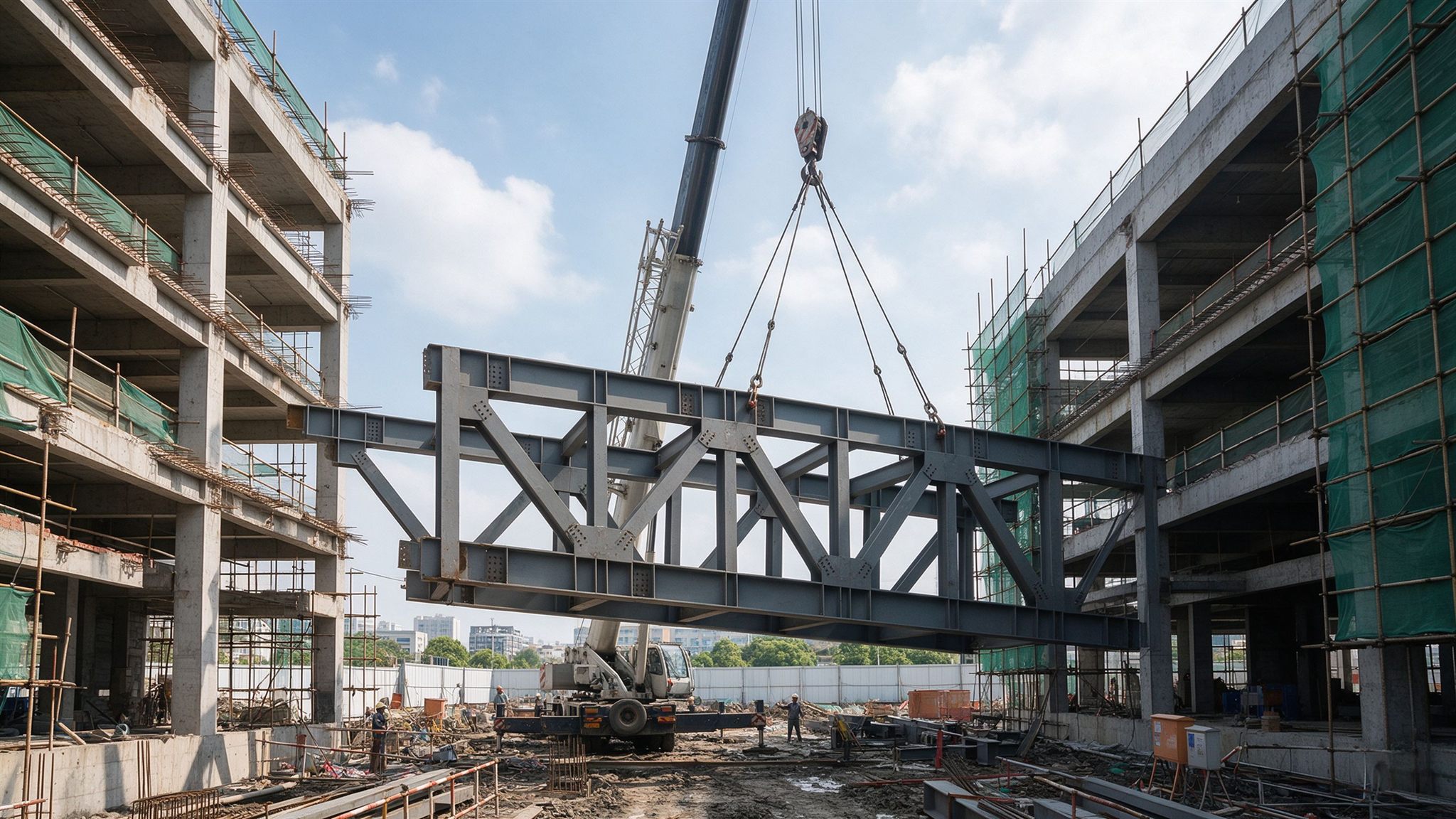 Mobile crane lifting a steel skybridge truss segment into place